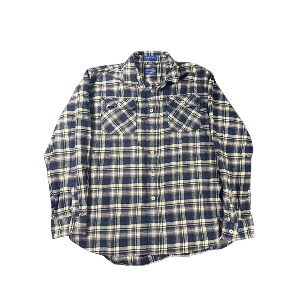 Pendleton Burnside Shirt Mens Blue Cream Plaid Wool Blend Button Up L/S L